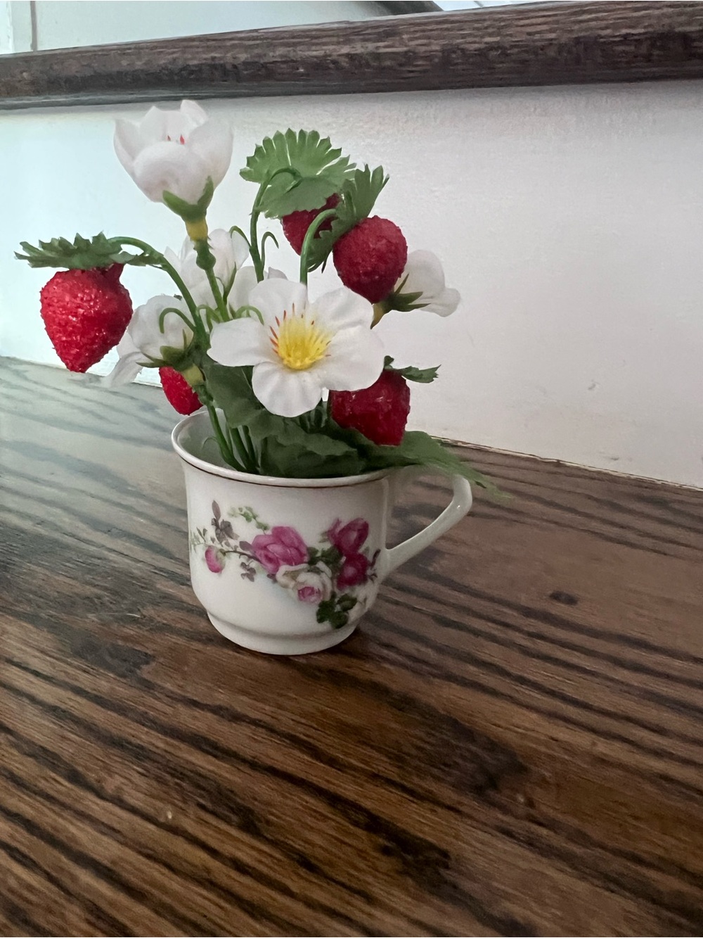 Floral Porcelain Teacup Vase with Red Strawberry Accents Farmhouse Decor